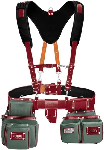 Vista 11 de Cinturón de herramientas de cuero chocolate para hombres con funda de doble martillo, viene con bolsas de herramientas, cinturón no acolchado