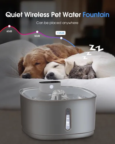 Vista 4 de Fuente de agua inalámbrica para gatos de acero inoxidable, fuente de agua inteligente para mascotas, 3.2L/108 onzas con filtros y 2 cabezales