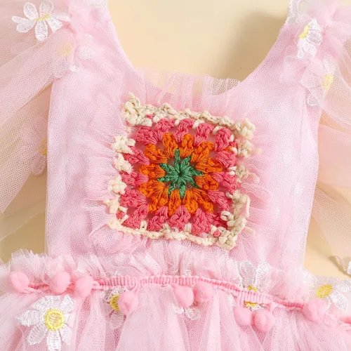 Vista 4 de Ursobutegl Mameluco de princesa para bebé recién nacida, vestido de malla bordado, elegante, tutú con falda, overol para cumpleaños