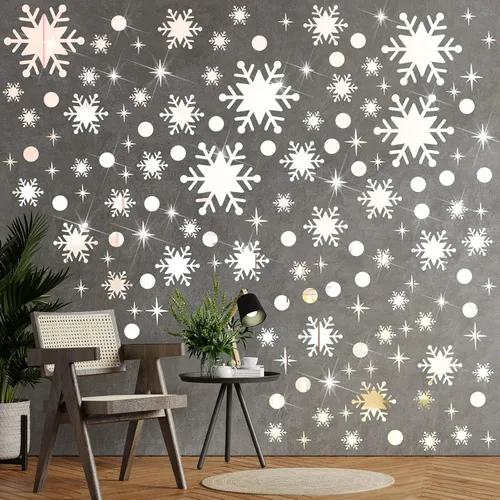 Vista 6 de Outus 193 calcomanías de pared de espejo de copo de nieve de Navidad, calcomanías de pared extraíbles de espejo acrílico 3D, decoración