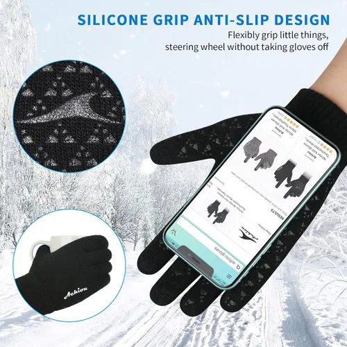 Vista 3 de Achiou Guantes de invierno para hombres y mujeres, guantes para pantalla táctil, gel de silicona antideslizante grueso mejorado, forro térmico
