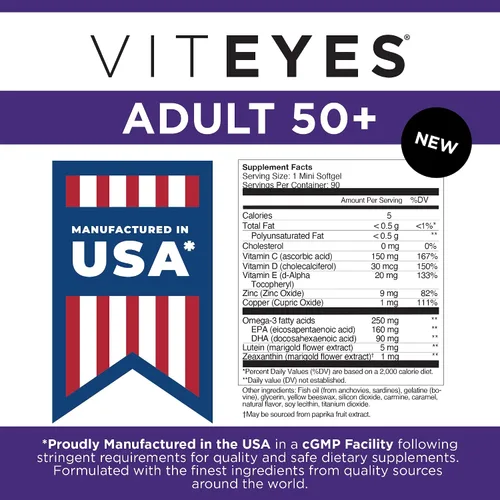 Vista 6 de Viteyes Visión para mayores de 50 años para la salud ocular, apoyo visual, envejecimiento de los ojos, luteína, zeaxantina, omega-3, zinc, vitamina