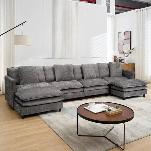 Vista 10 de Sofá modular convertible seccional, sofá de 4 asientos en forma de L con diván reversible, sofá de nube de asiento profundo, sofá cama 3 en 1, tela