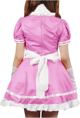 Vista 4 de Anime japonés clásico Sissy Maid Sweet Kawaii Lolita disfraz de disfraz de cosplay delantal de encaje guantes conjunto rosa