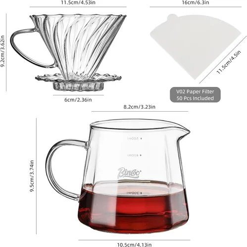 Vista 8 de Bincoo Juego de cafetera vertida, cafetera de goteo de cono de 60° en forma de V, incluye jarra de café de vidrio borosilicato de 16 onzas y gotero