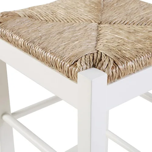 Vista 6 de Benjara Taburete cuadrado de madera con marco de madera tejida a mano, blanco y marrón