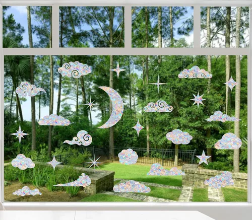 Vista 4 de 26 calcomanías de ventana de nube y estrella para ataques de pájaros, vidrio anticolisión que se adhiere para salvar pájaros, calcomanías