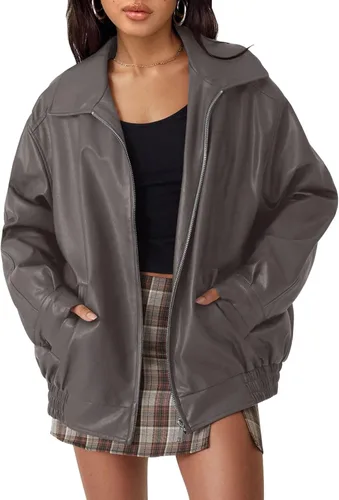 Vista 8 de AUTOMET Chaqueta de piel sintética de gran tamaño para mujer para otoño e Verde Armada (ArmyGreen)