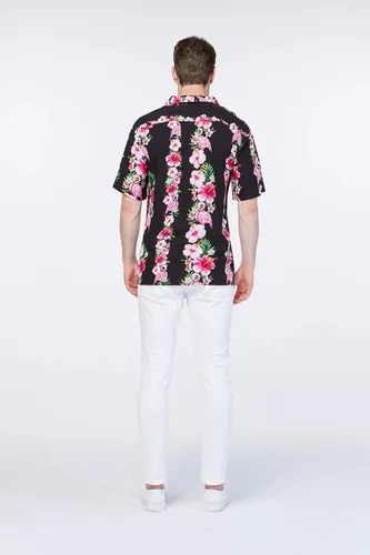 Vista 5 de Camisa hawaiana Luau o vestido cruzado con volantes en color rosa y negro hibisco vid