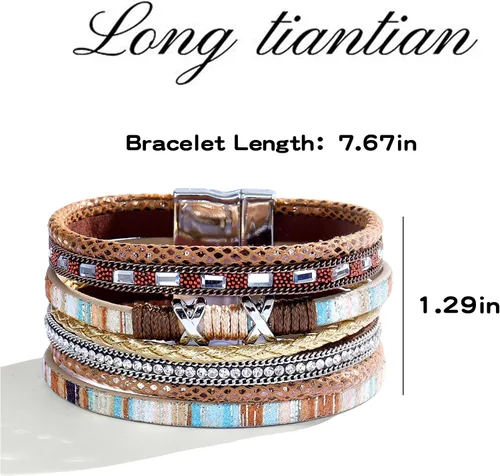 Vista 5 de Long tiantian Pulsera de cuero multicapa hecha a mano, pulseras bohemias de cristal trenzado en capas para mujeres, pulseras de cuero, joyería