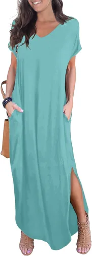 Vista 13 de GRECERELLE - Vestido largo para mujer, holgado, con bolsillos, manga corta y abertura lateral, estilo informal Verde militar