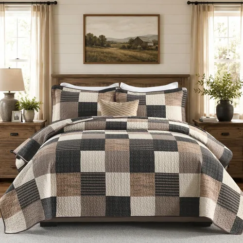 Vista 10 de KALOOLA Colchas de granja tamaño Queen – Juego de ropa de cama acolchado ligero 100% algodón, 3 piezas, colcha a cuadros estampada con 2 fundas
