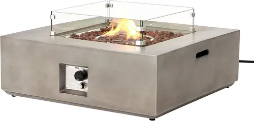 Vista 21 de SUNBURY Mesa de fuego de propano para exteriores de 35 pulgadas, mesa de fuego gris para patio de 50,000 BTU, mesa de fuego cuadrada de gas
