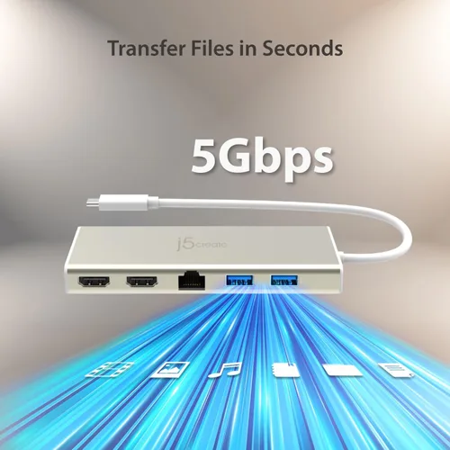 Vista 4 de j5create USB-C Mini Dock-Type C Hub con 2X HDMI, 2X USB 3.0, Ethernet Entrega de potencia 2.0 (JCD381)