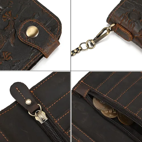 Vista 3 de Cartera larga de cuero genuino para hombre, cartera con tarjetero y bolsillo para monedas
