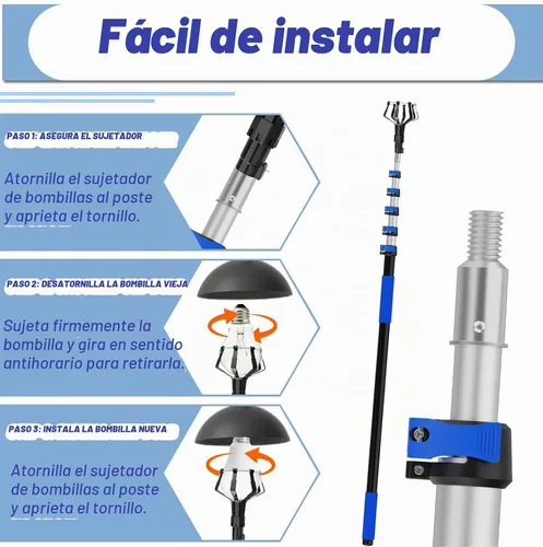 Vista 8 de Bombilla de alcance de 28 pies de 5 a 20 pies con poste de extensión telescópica para techos altos con plumero, cestas y ventosas para luces Azul