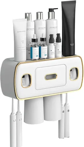 Vista 10 de Soporte para cepillos de dientes montado en la pared para baño y baño, kit de exprimidor de pasta de dientes doble automático, kit de exprimidor