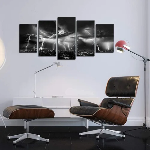 Vista 5 de Biuteawal - Arte de pared en blanco y negro de la naturaleza, relámpagos en las nubes, pintura sobre lienzo, tormenta y vista nocturna de la ciudad