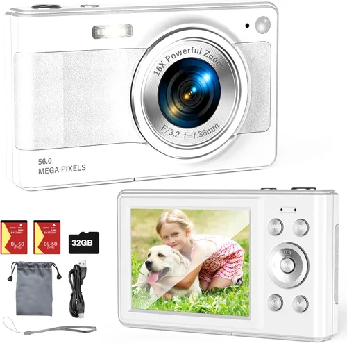 Vista 9 de Cámara digital mejorada, 56MP FHD 1080P para niños con zoom 16x anti-sacudida, tarjeta TF de 32GB, dos baterías, cordón, compacta pequeña para niños