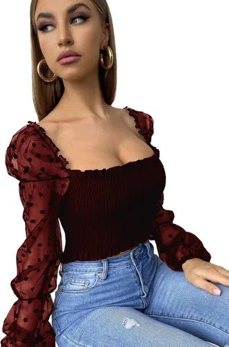 Vista 3 de Floerns Dobby - Blusa de malla con cuello cuadrado y manga larga para mujer