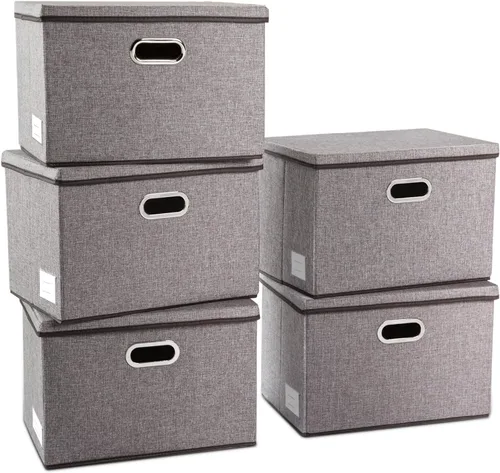 Vista 25 de PRANDOM Contenedores de almacenamiento con tapas [paquete de 3] cajas de almacenamiento plegables de tela de lino, canastas organizadoras, cubos