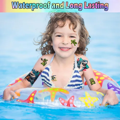 Vista 7 de 52 hojas de tatuajes temporales para niños, manga completa, dinosaurio, unicornio, tiburón, delfines, elefante, animal, cara, tatuajes falsos