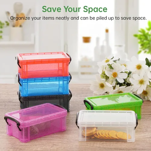 Vista 2 de Mini recipientes de almacenamiento de plástico con tapas de bloqueo, 6 cajas de plástico pequeñas de 5.4 x 3 x 2 pulgadas, cajas de colores surtidos