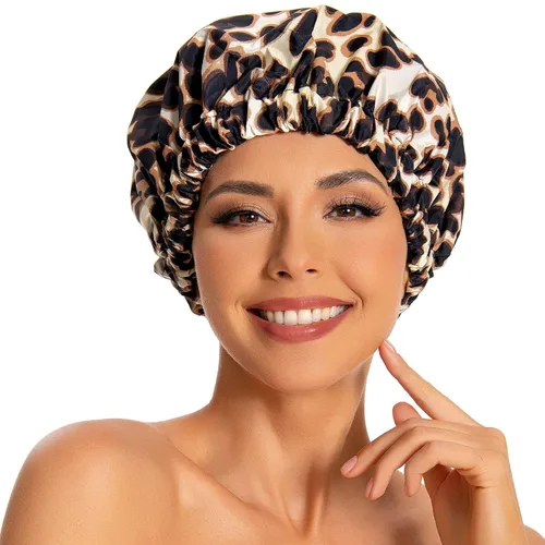 Vista 26 de Gorro de ducha reutilizable para mujer, grande, impermeable, lavable, banda elástica, accesorios de baño, sombrero para cabello largo, trenzas Beige