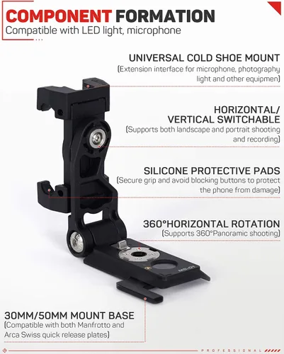 Vista 6 de IFOOTAGE Adaptador universal de montaje de trípode para teléfono con zapata fría, soporte de teléfono celular de rotación de 360° para trípode