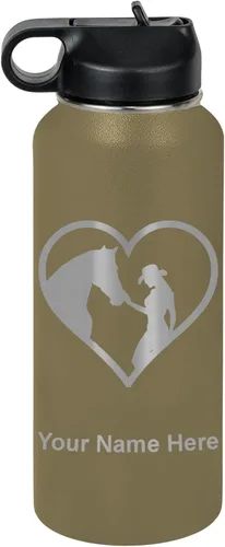 Vista 21 de LaserGram Botella de agua personalizada, corazón de vaquera de caballo, acero inoxidable de doble pared aislada al vacío con popote superior, regalo