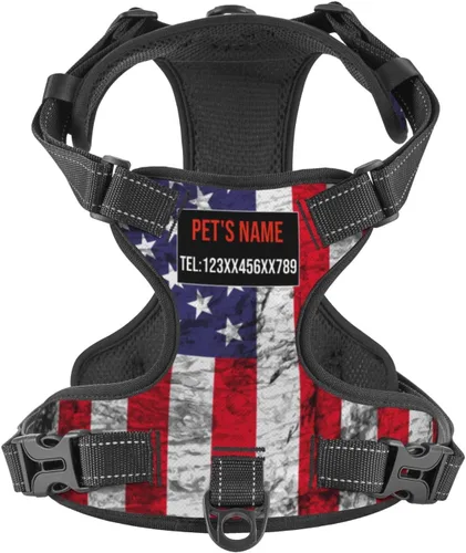 Vista 14 de Arnés personalizado para perro sin tirones, chaleco personalizado con bandera estadounidense para perro con número de teléfono y nombre de mascota