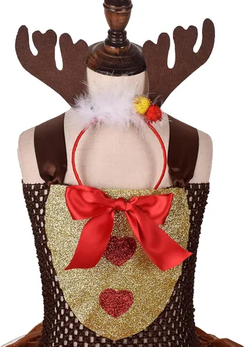 Vista 7 de Disfraz de reno de Papá Noel para bebé, disfraz de cosplay de ganchillo, tul, tutú y diadema de cuernos