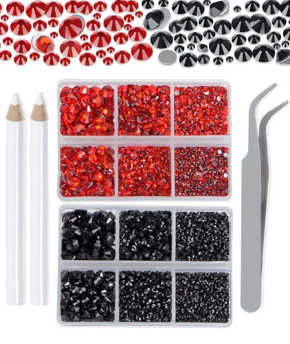 Vista 24 de LPBeads 6000 unidades de diamantes de imitación negros no termofijos, 6 tamaños, cristal redondo, con parte trasera plana, pinzas y bolígrafo