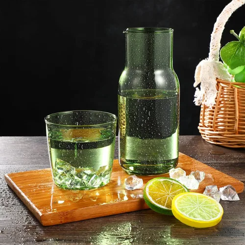 Vista 5 de Juego de 1 jarra de agua para mesita de noche, jarra de noche con vaso de cristal, color verde