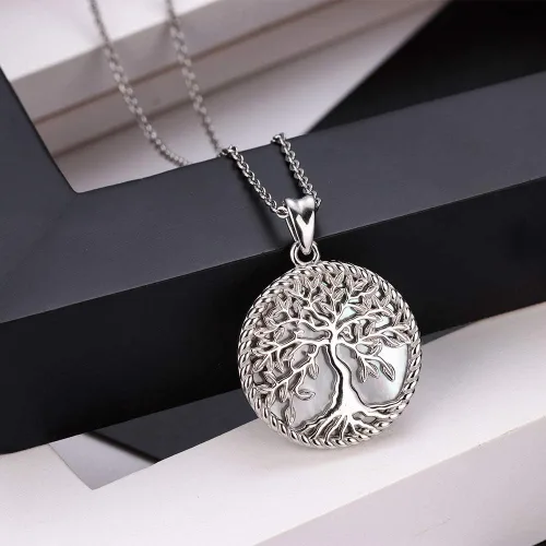 Vista 9 de Aniu Tree of Life Necklace for Women, 925 Sterling Silver Mother of Pearl Family Palm Tree Charm Pendant Jewelry for Birthday Christmas Gift