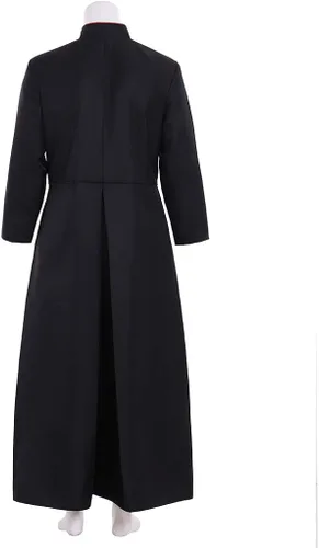 Vista 4 de CosplayDiy Disfraz de sacerdote romano negro para hombre, disfraz de cosplay. Disfraz medieval de clérigo para adultos, vestíbulos, gabardina