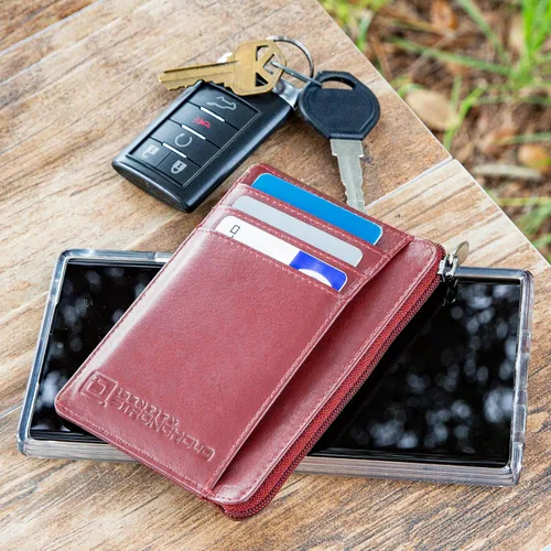 Vista 4 de ID STRONGHOLD - Cartera con bolsillo frontal RFID, mini, minimalista, delgada, de piel auténtica con cremallera, Rojo