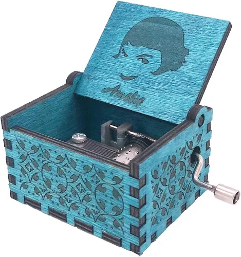 Vista 2 de Youtang Amelie Caja de Música de Manivela Caja Musical Tallada de Madera, Toca la Canción Temática de Amelie, Azul