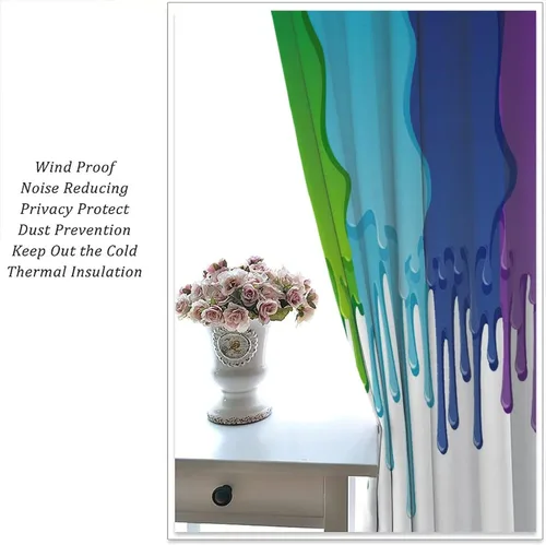 Vista 5 de Cortinas opacas abstractas de arco iris, pintura de color arcoíris con gotas, diseño gráfico creativo con bolsillo para barra, para sala de estar