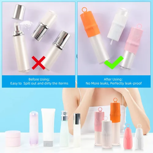 Vista 6 de Fundas elásticas para viajes a prueba de fugas, fundas de botellas de silicona para viajes, accesorios para mujeres y hombres para equipaje, funda a