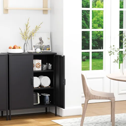 Vista 35 de Gabinete de almacenamiento de metal ancho negro, gabinete de acento de 2 puertas para el hogar y la oficina, gabinete de metal bajo de 2 niveles