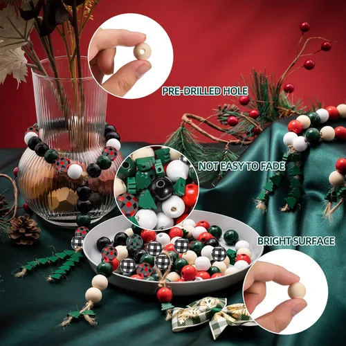 Vista 5 de Cuentas de madera de Navidad de 0.63 pulgadas, cuentas de madera rústicas de granja y cuentas en forma de árbol de Navidad de 0.47 pulgadas