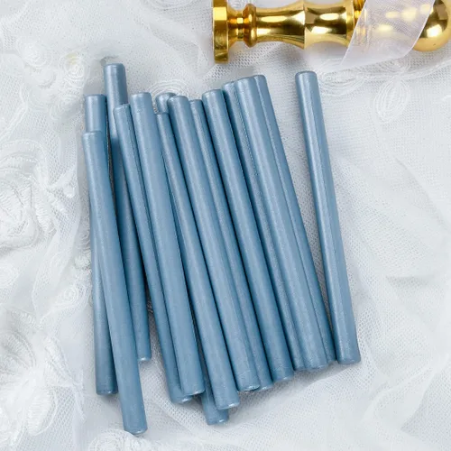 Vista 3 de 16 varillas de cera para pistola de pegamento azul sucio para pistola de pegamento pequeña, hacer sellos para invitaciones de boda, sobres