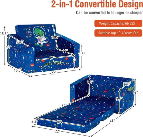 Vista 3 de Costzon Sofá para niños, sofá infantil abierto 2 en 1 con tela de terciopelo, bolsillos de almacenamiento, reposabrazos para niños pequeños, cama