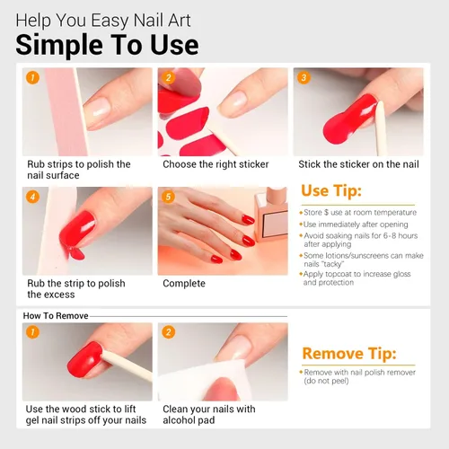 Vista 6 de 16 hojas de calcomanías de esmalte de uñas, envolturas de uñas completas con purpurina, tiras de esmalte de uñas de color sólido, tiras de uñas