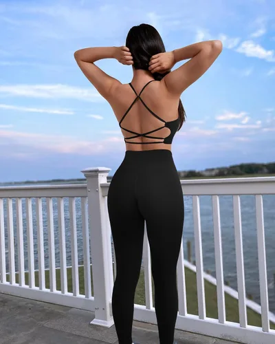 Vista 6 de RXRXCOCO Conjuntos de entrenamiento acanalados para mujer, 2 piezas, sin espalda, brasier deportivo con tirantes, leggings a juego, conjunto de yoga