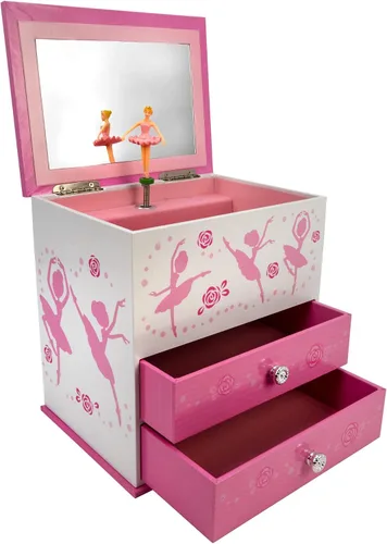 Vista 7 de Caja de música bailarina de 2 cajones con collar de bailarina de color plateado