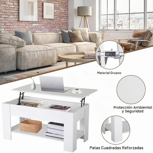 Vista 8 de Mesa auxiliar moderna, blanca, elevadora, madera, estante de almacenamiento, 28 x 28 x 24 pulgadas