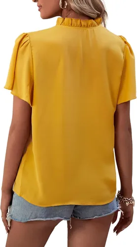 Vista 2 de LYANER Blusa de manga corta con volantes y cuello alto falso para mujer
