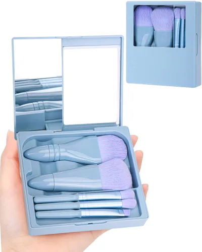 Vista 8 de PGRODE Mini juego de brochas de maquillaje de tamaño de viaje con estuche rígido y espejo integrado, 5 brochas pequeñas para cosméticos, kits